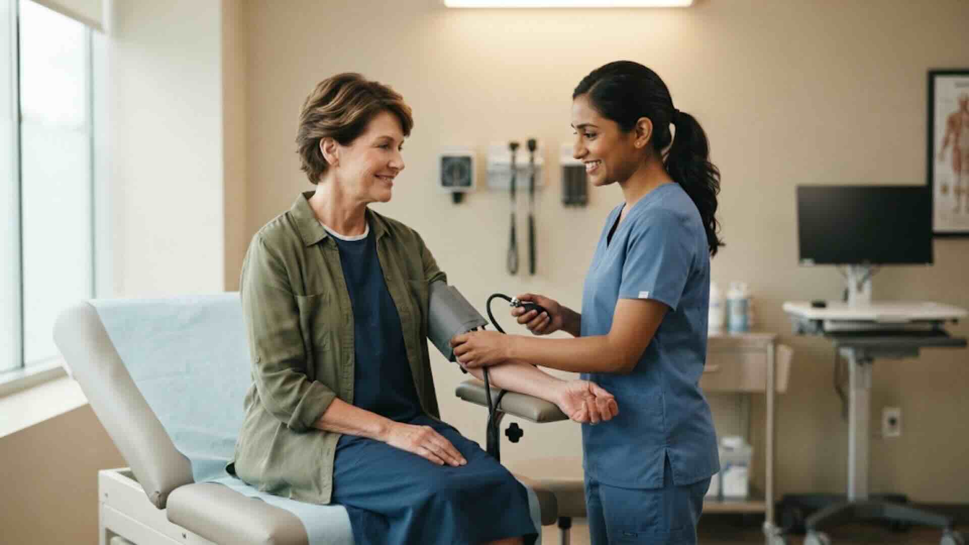 annual-well-woman-exam-checkup-riverview Provider checking a patient's blood pressure during an annual well woman exam at Noorani Medical Center in Riverview.