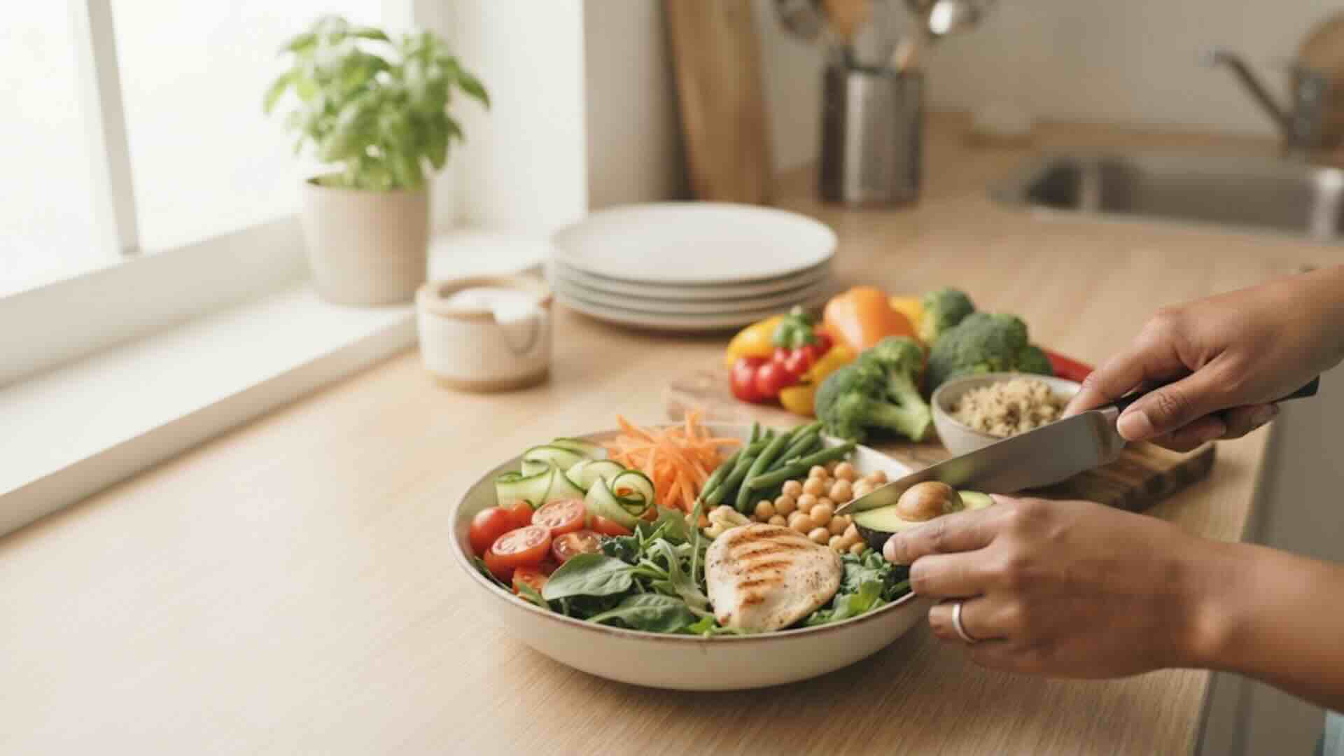 Fresh vegetables and lean protein being prepared as part of a heart-healthy diet