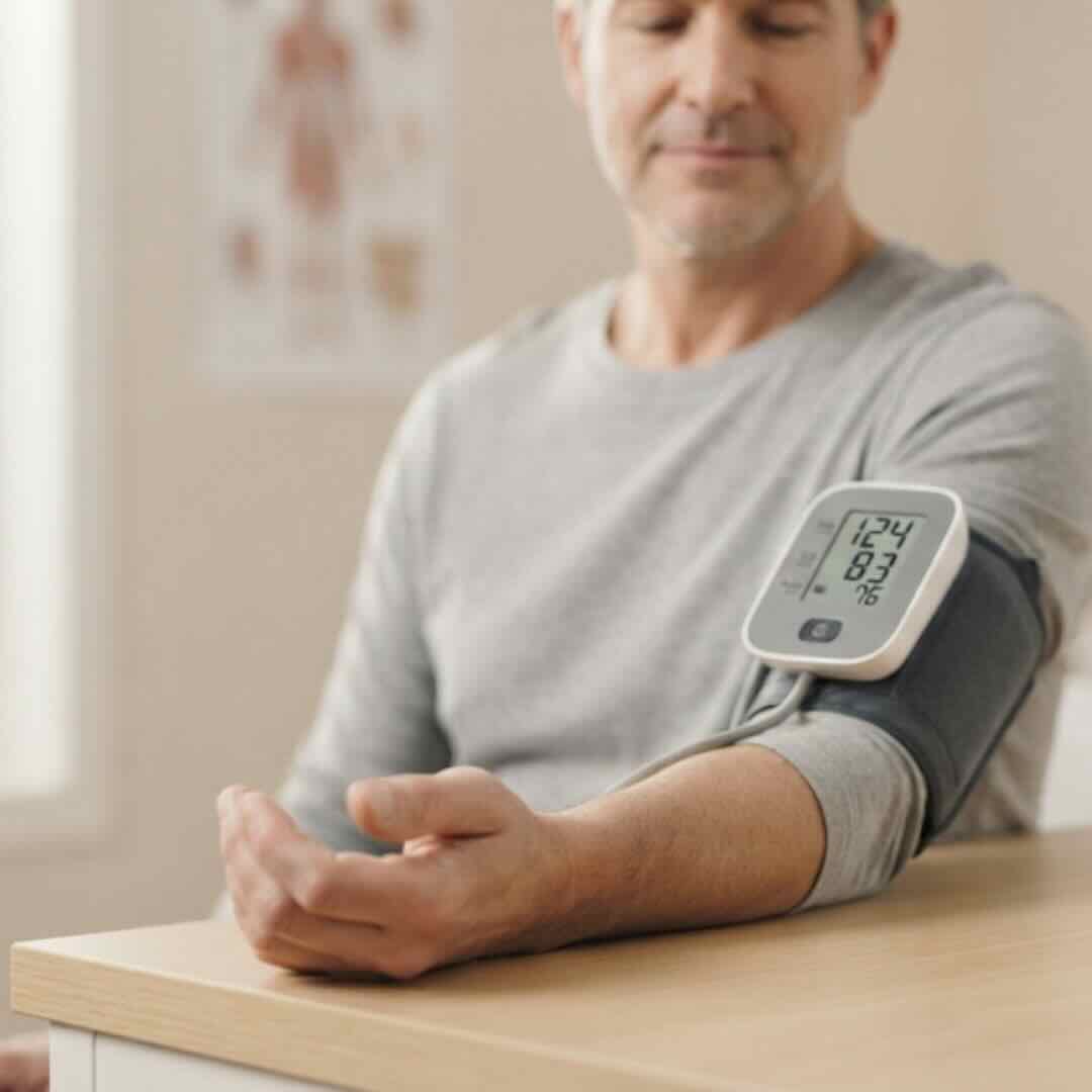 Person having their blood pressure checked with a home monitor cuff