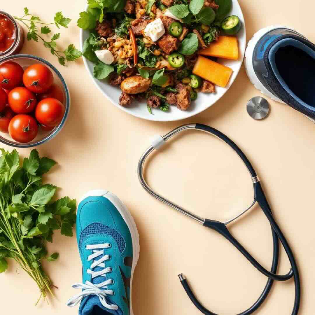 Stethoscope, fresh vegetables, and running shoes representing medical weight loss support