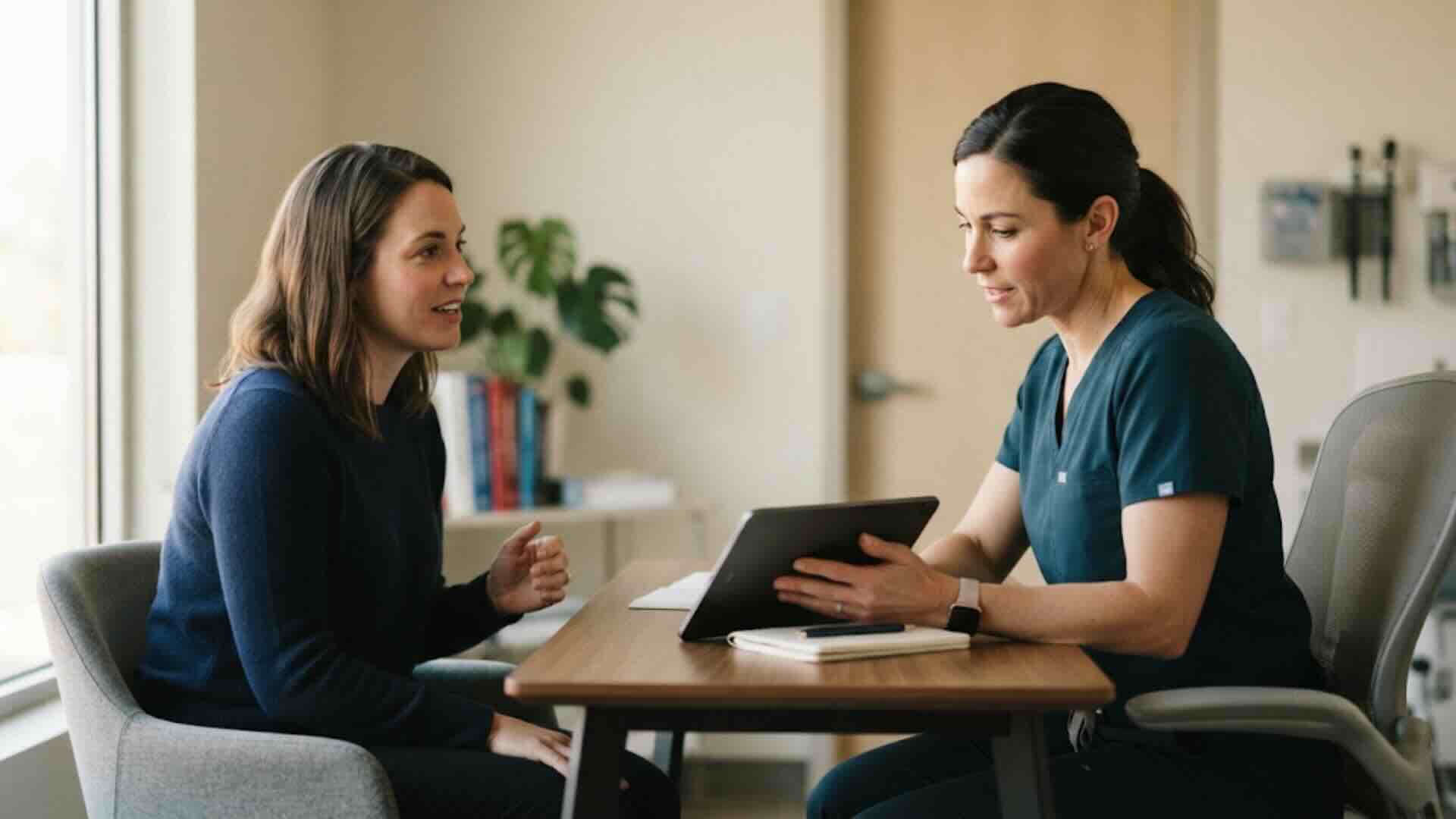 Primary care doctor reviewing patient health history during a preventive care visit at Noorani Medical Center in Riverview, FL