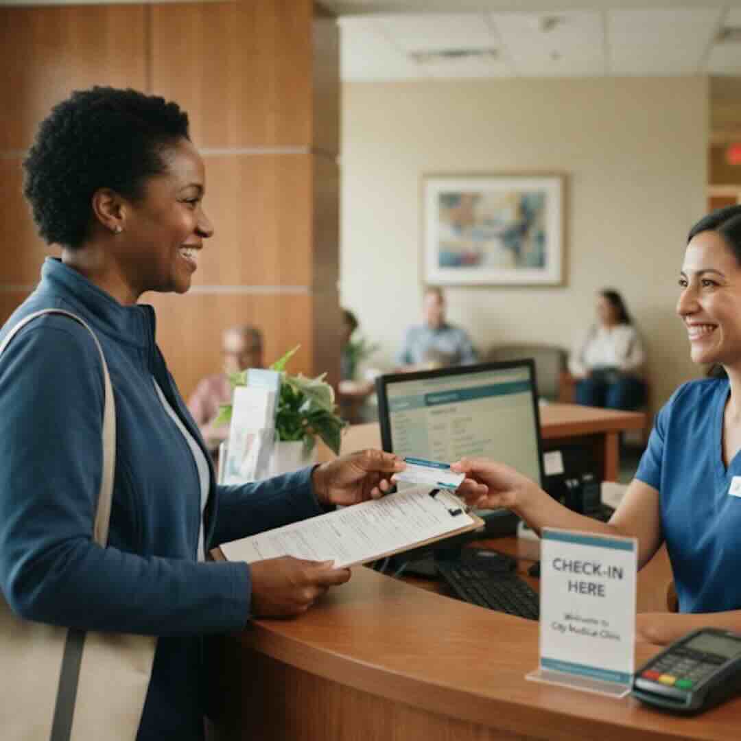 same-day-appointment-checkin-riverview Patient checking in for a same-day appointment at Noorani Medical Center front desk in Riverview