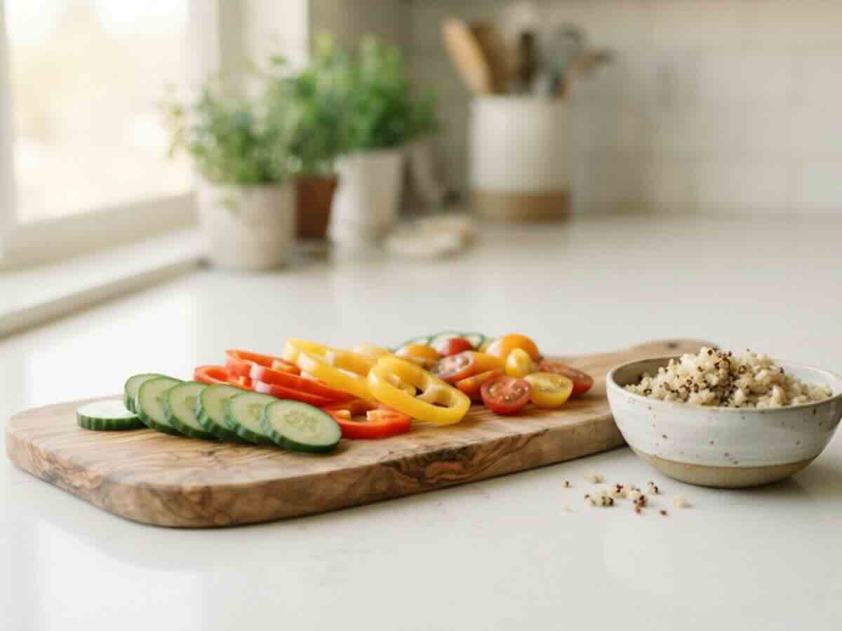 Fresh vegetables and whole grains representing healthy lifestyle habits for type 2 diabetes management