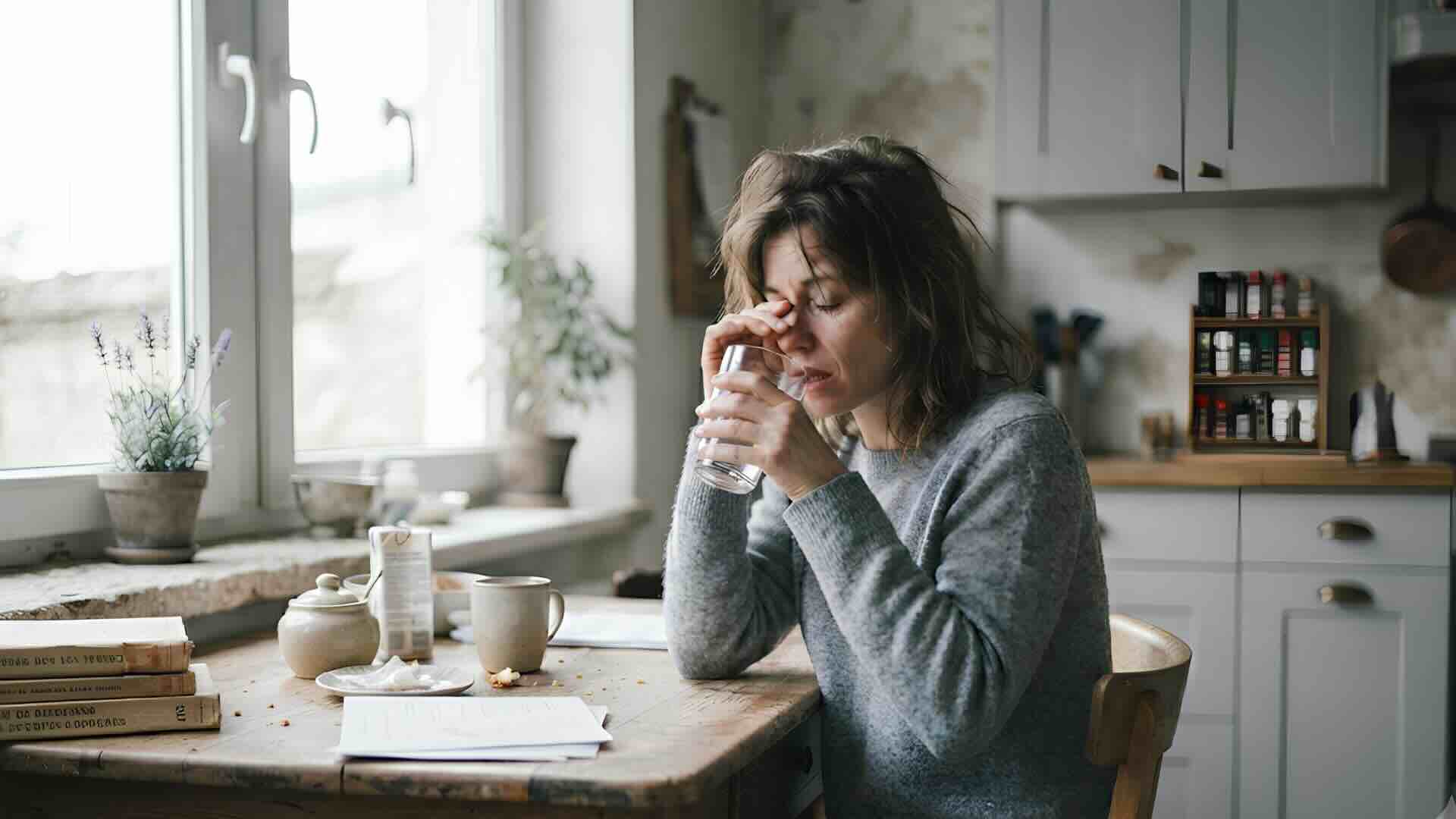 Person drinking water and rubbing tired eyes, common early symptoms of type 2 diabetes like thirst and fatigue