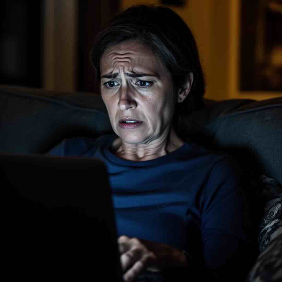 woman-worried-searching-symptoms-primary-care-riverview Woman looking worried at night, illustrating the anxiety of untreated symptoms without a primary care doctor in Riverview
